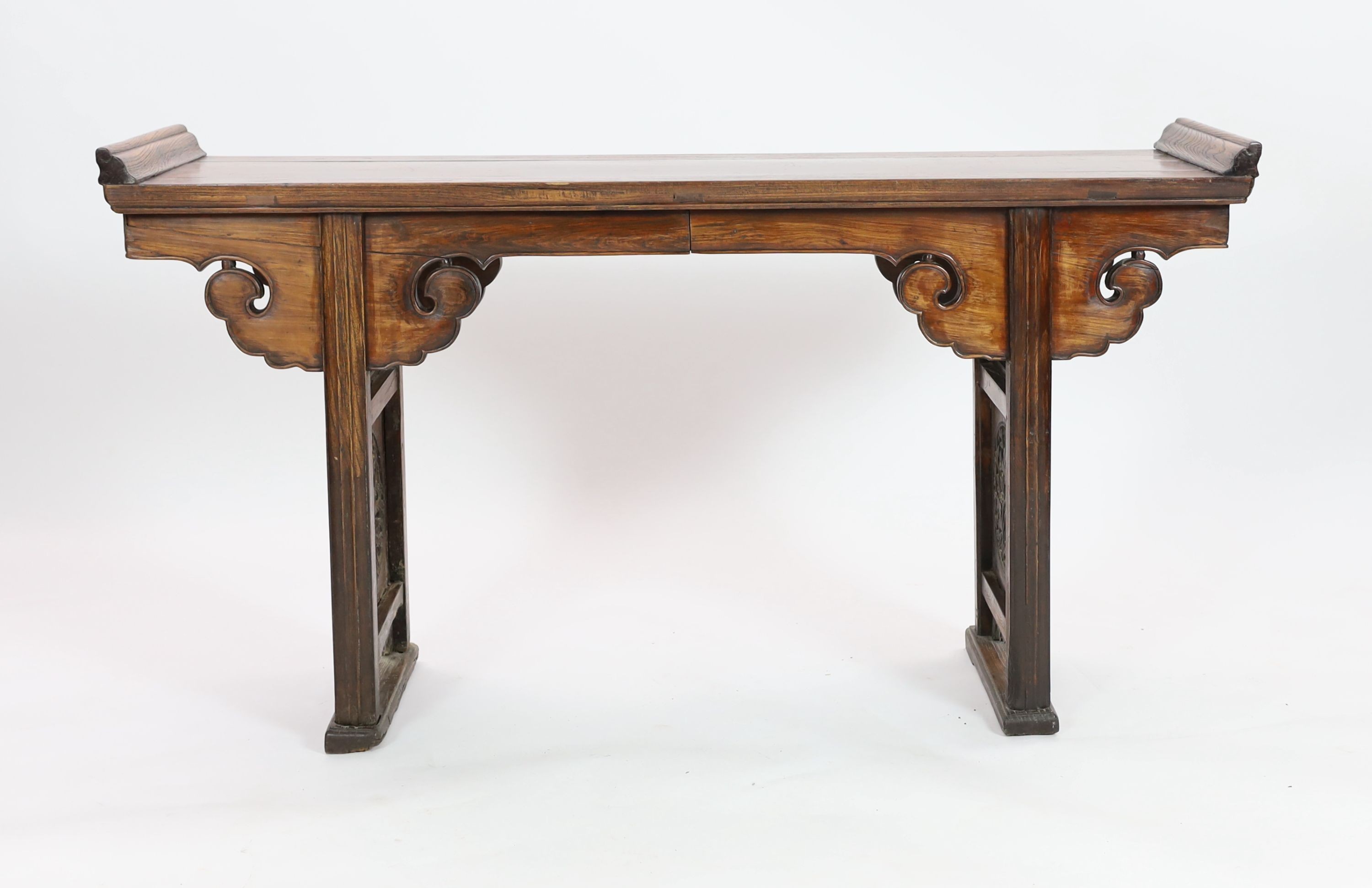 A Chinese elm and cypress wood altar table, 17th/18th Century, 168 cm long, 43 cm deep, 93 cm high, length reduced